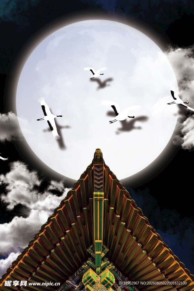 月夜飞鸟掠古建筑顶
