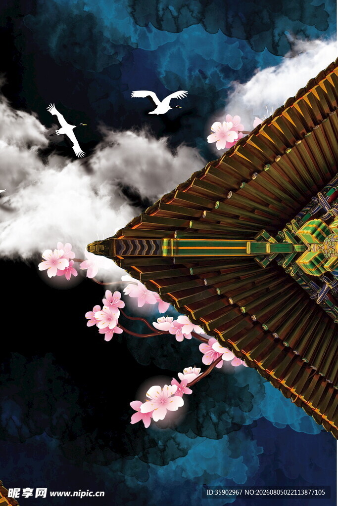 古风楼阁与飞鸟繁花之景