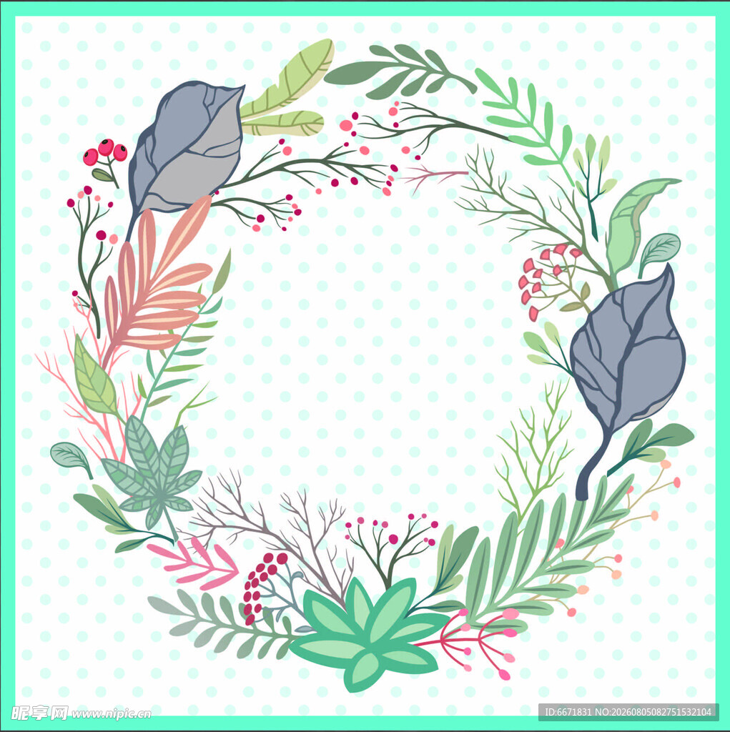 手绘花卉绿植花环图案
