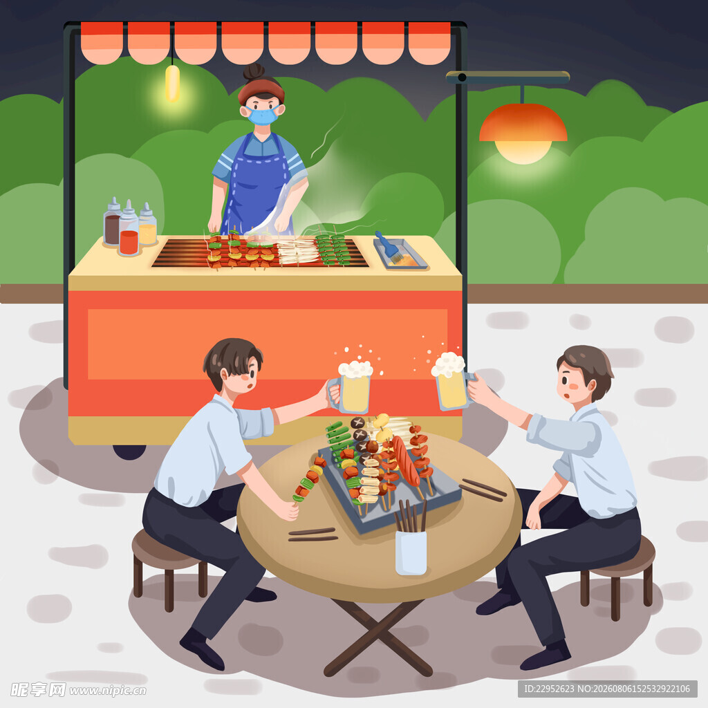 夜市烧烤摆摊人物商业插画