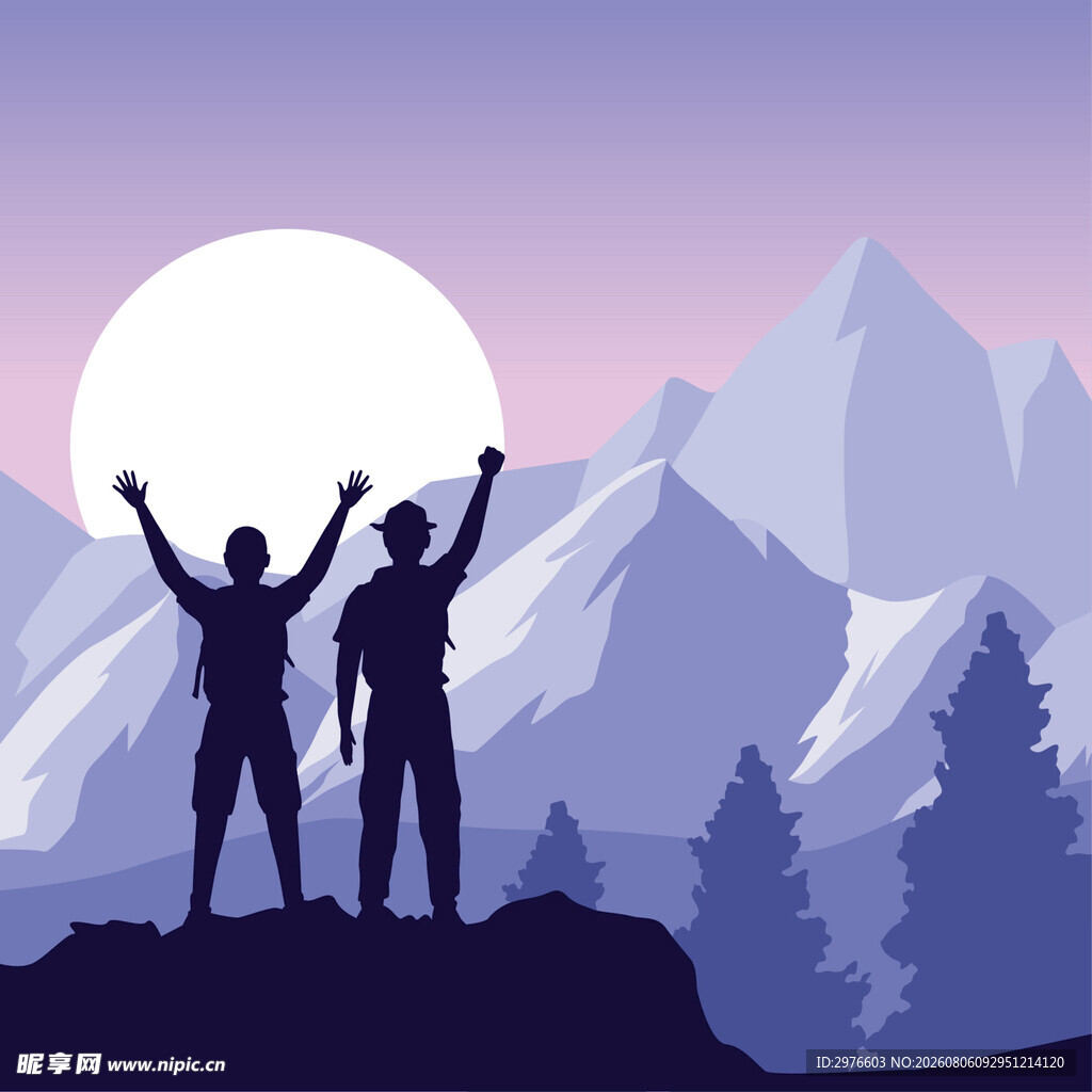 山顶上的两人欢呼剪影
