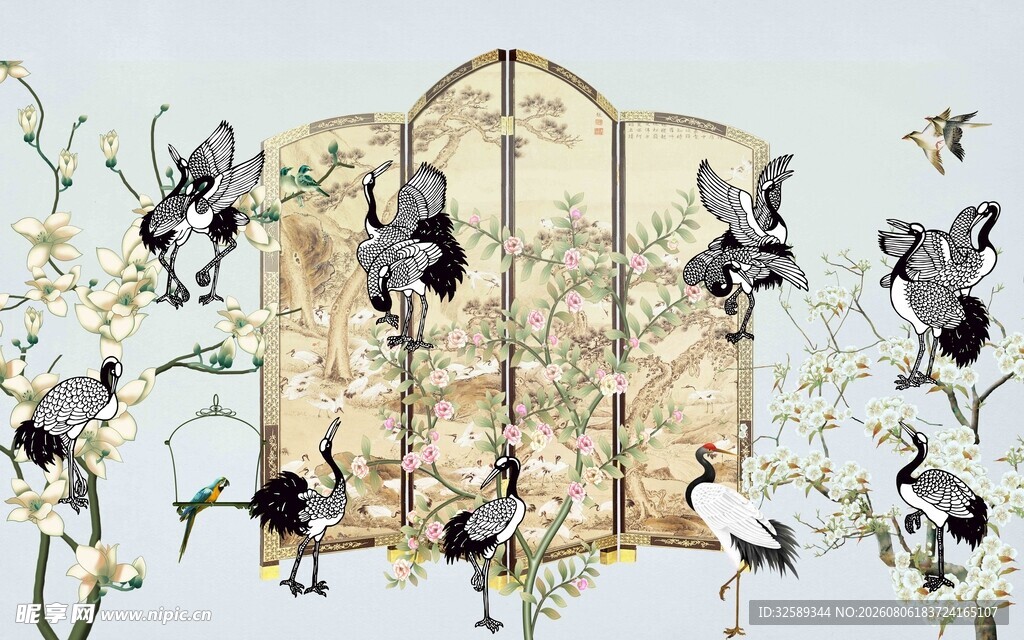 中式花鸟屏风艺术装饰
