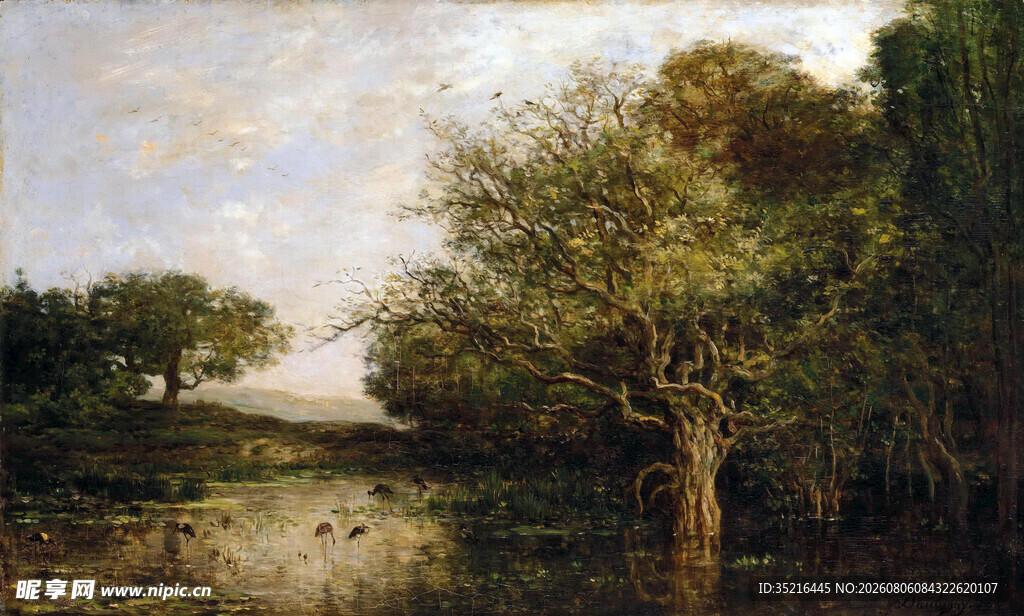 河畔树林风景油画