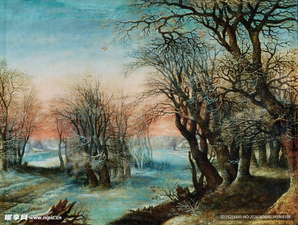冬日河畔雪景油画风景