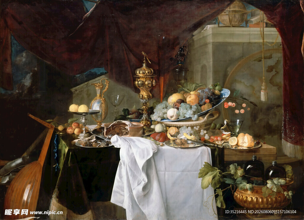 古典静物油画中的丰盛餐桌