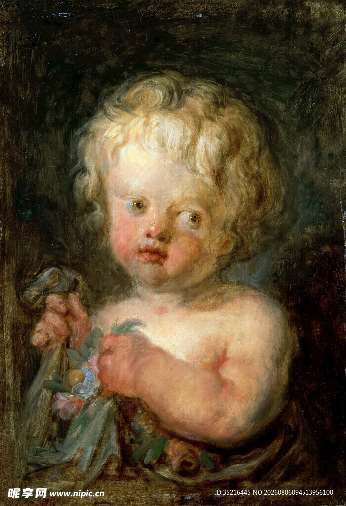 怀抱玩偶的卷发小天使
