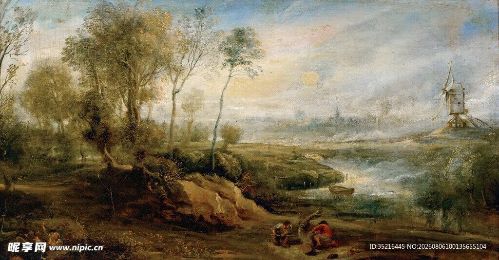 河畔风景油画