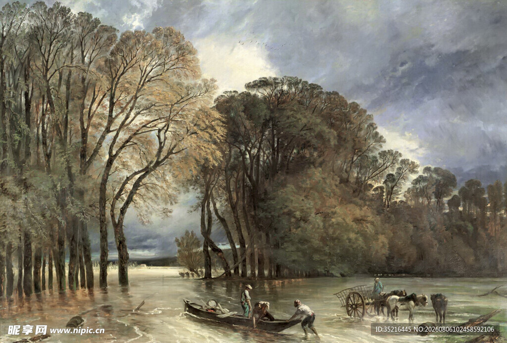 河畔牧场景色油画