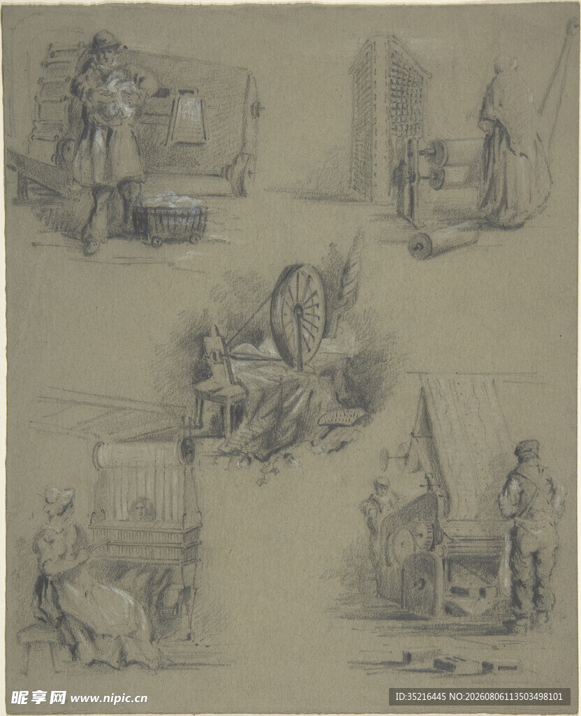 复古场景人物素描画