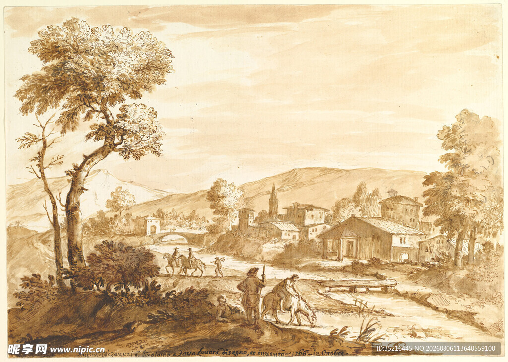 古典田园风景素描画