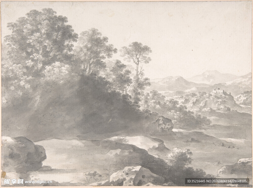 古典山水风景素描图