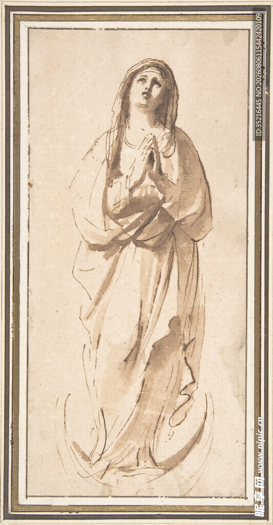古典风格女性祈祷素描画