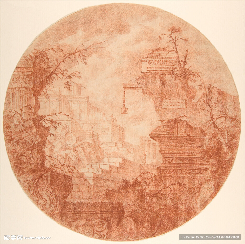 古风圆形山水绘画作品