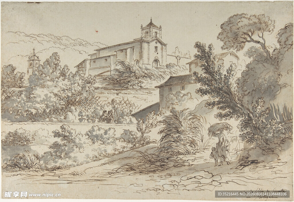 古典风景素描画中的建筑