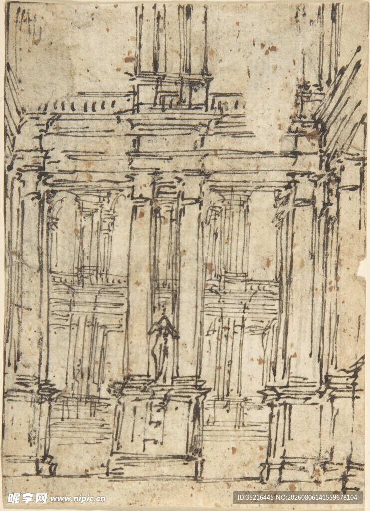 手绘古典建筑素描图