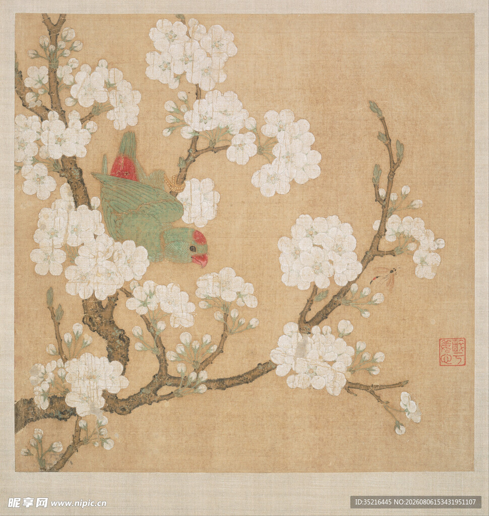 枝头繁花栖双鸟