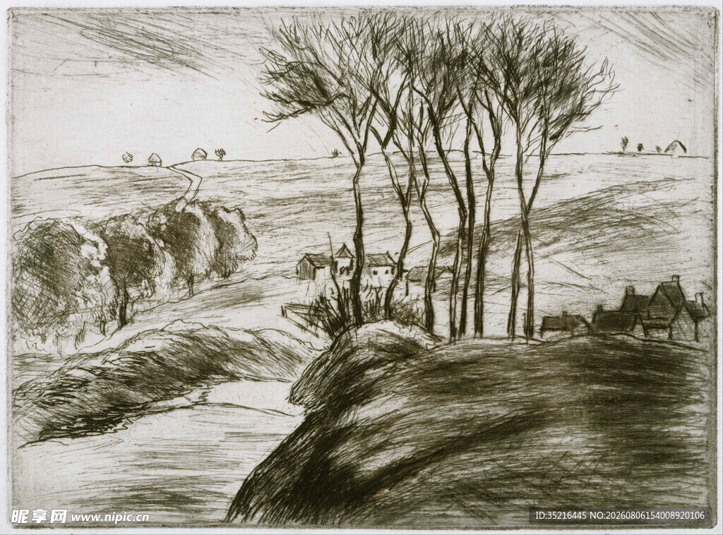 乡村风景素描画