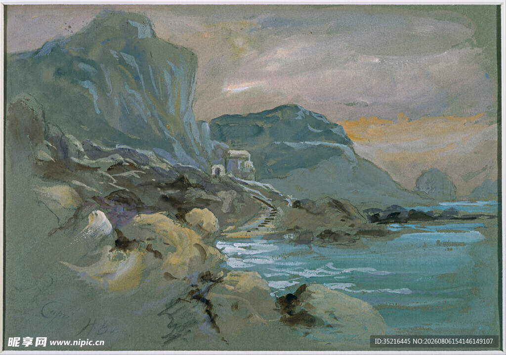 海边山峦风景油画