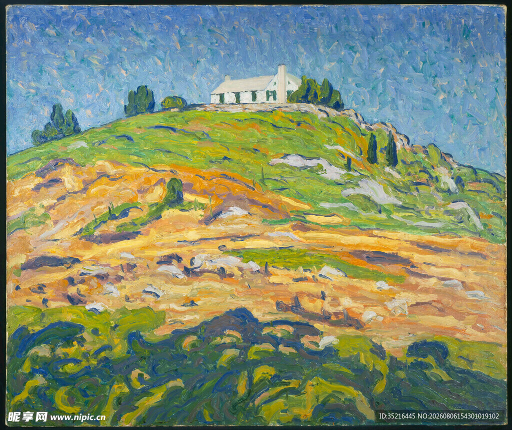 山坡上的小屋风景油画