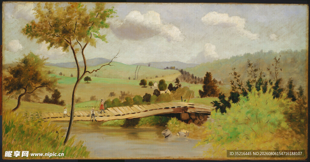 乡村河畔风景油画