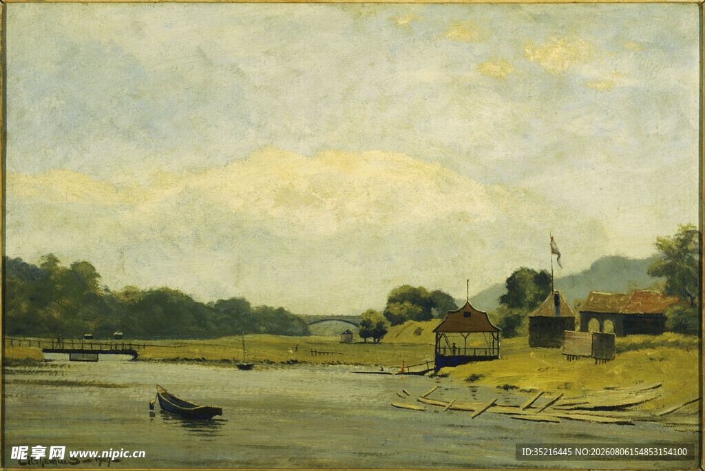 河畔风光油画场景