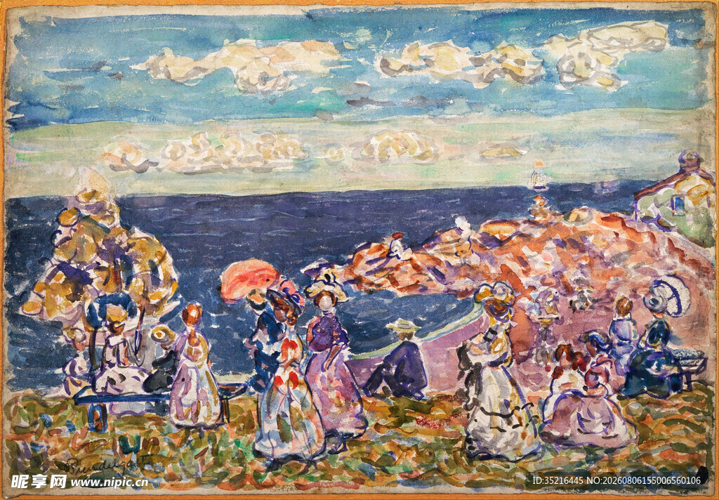 海边人群活动场景画作