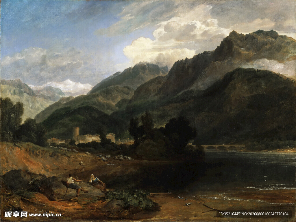 湖畔山峦风景油画