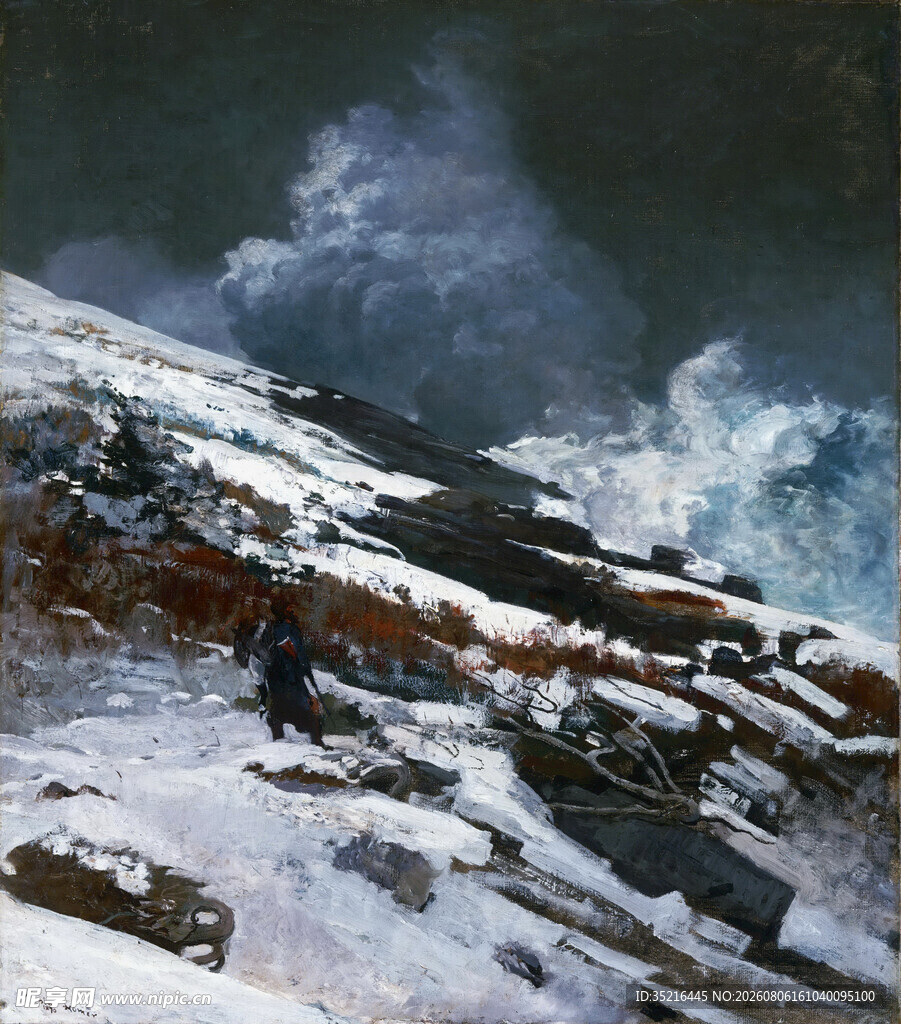 海浪拍击覆雪岩石
