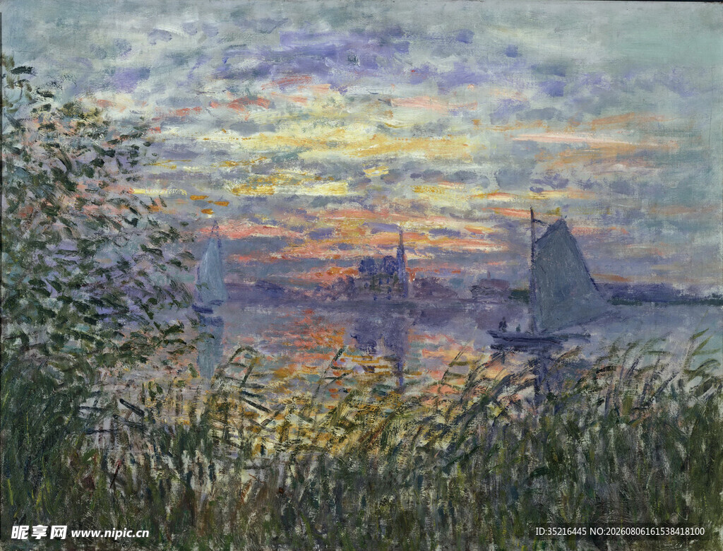 黄昏湖畔风景油画