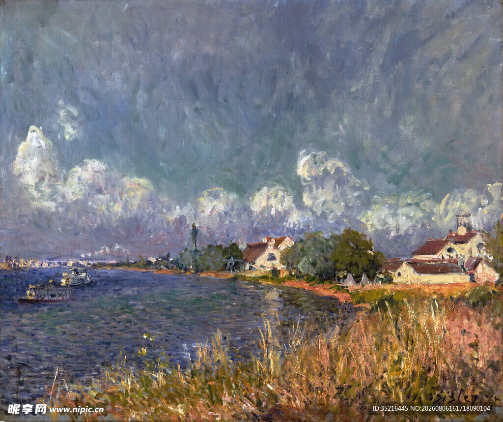 湖畔乡村风景油画