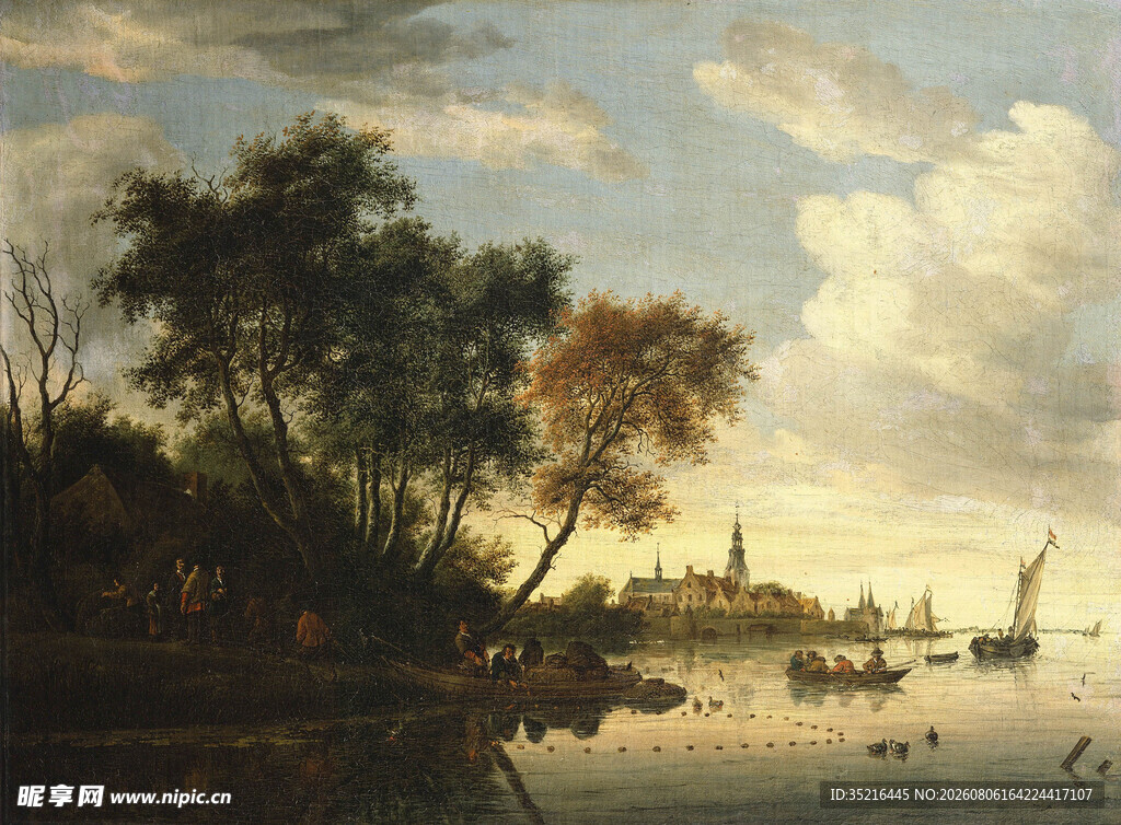 河畔风光油画场景