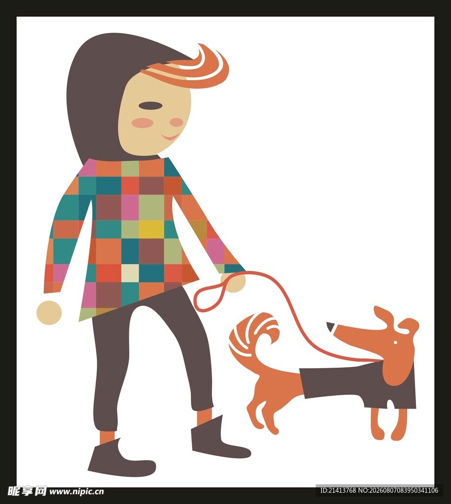 彩色衣人牵腊肠犬画面