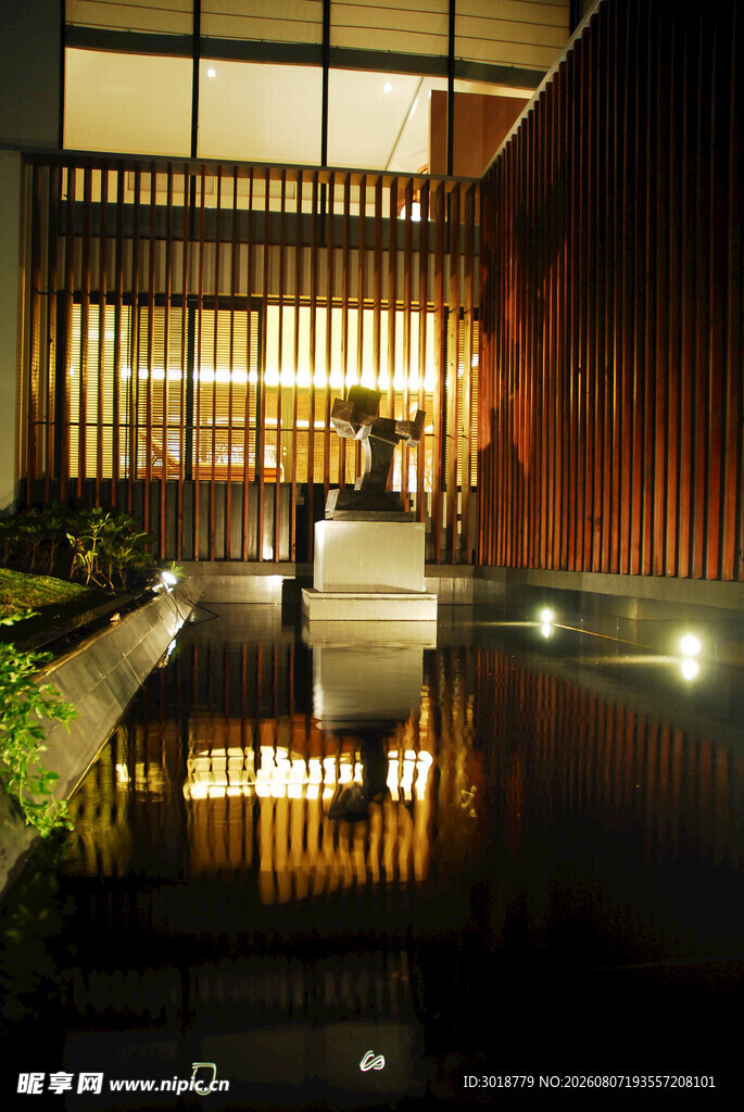 静谧庭院夜景光影水韵