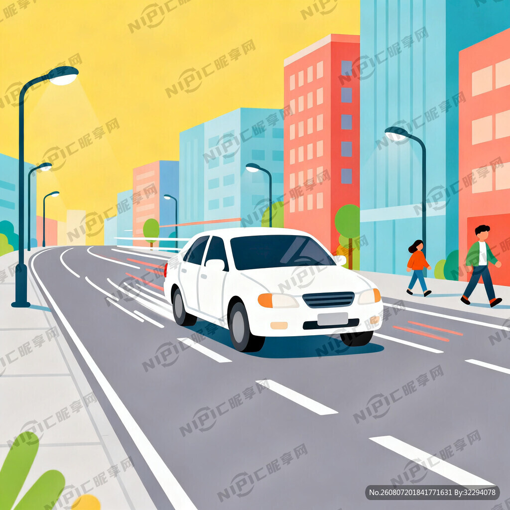 行驶在城市道路上的白色汽车