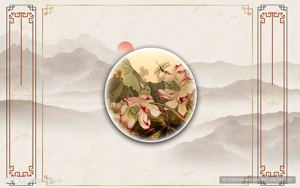 中式圆形花鸟山水装饰图