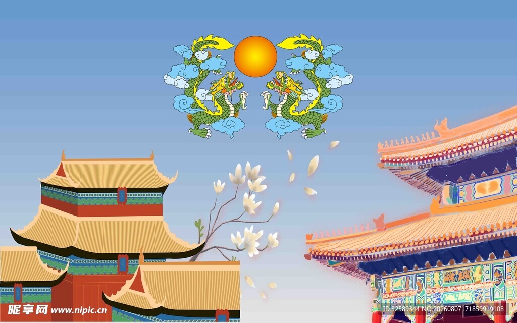 中式建筑上空的多彩气球