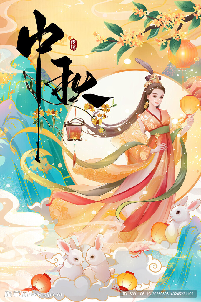 中秋嫦娥奔月古风插画