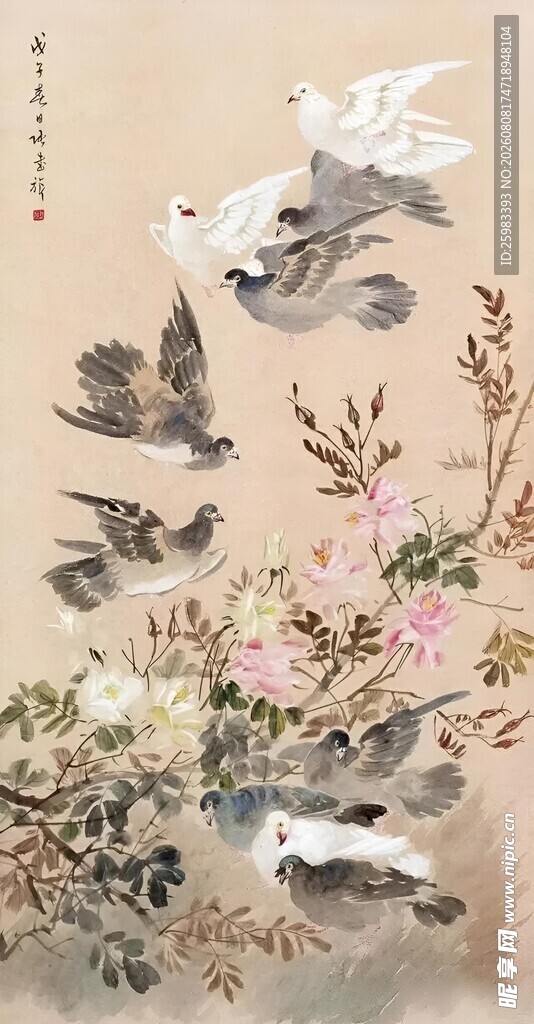 花开白鸽图