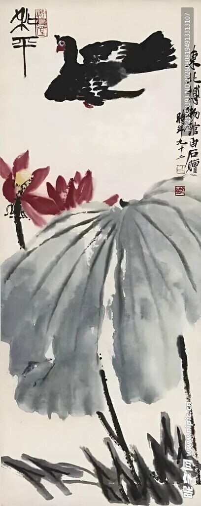 荷叶飞鸟图