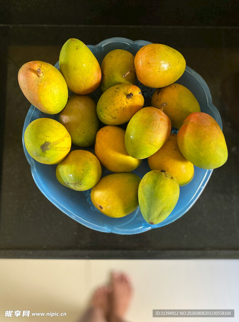 蓝盘盛放的新鲜芒果