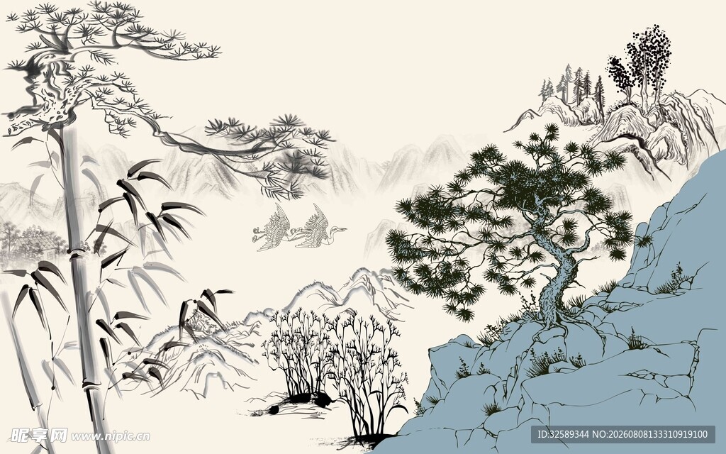 水墨山水间的孤松翠竹