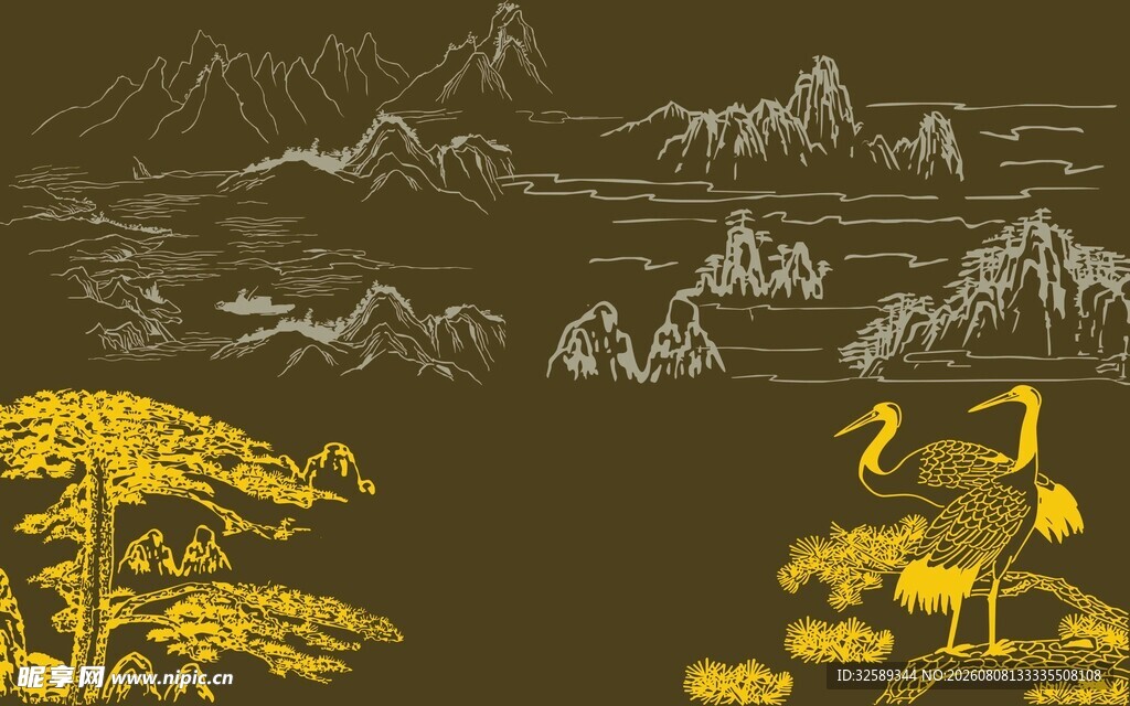 中式山水金墨风插画