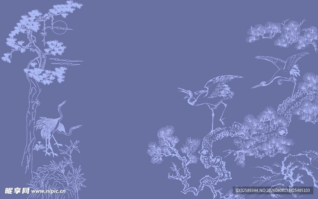 蓝底花卉飞鸟雅致图景