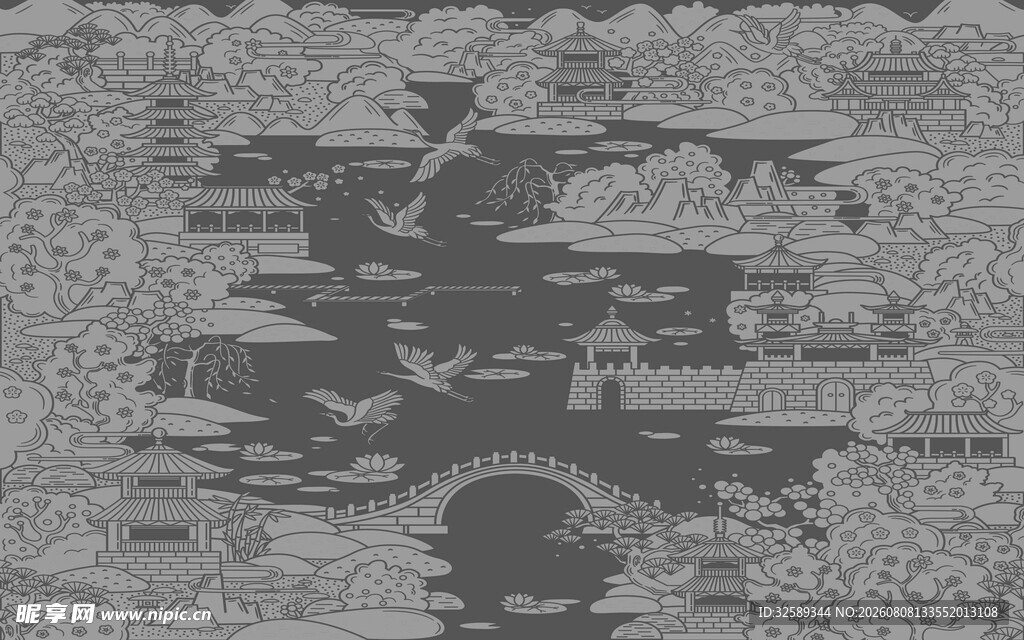 古代山水风景刺绣图案