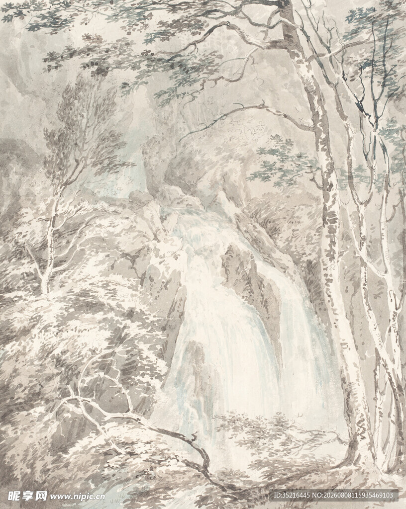 水墨风山林瀑布景观图