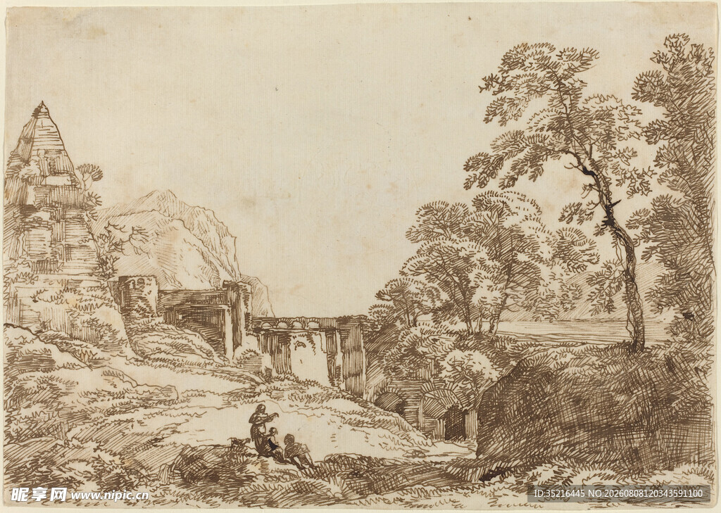 古典乡村风景素描画