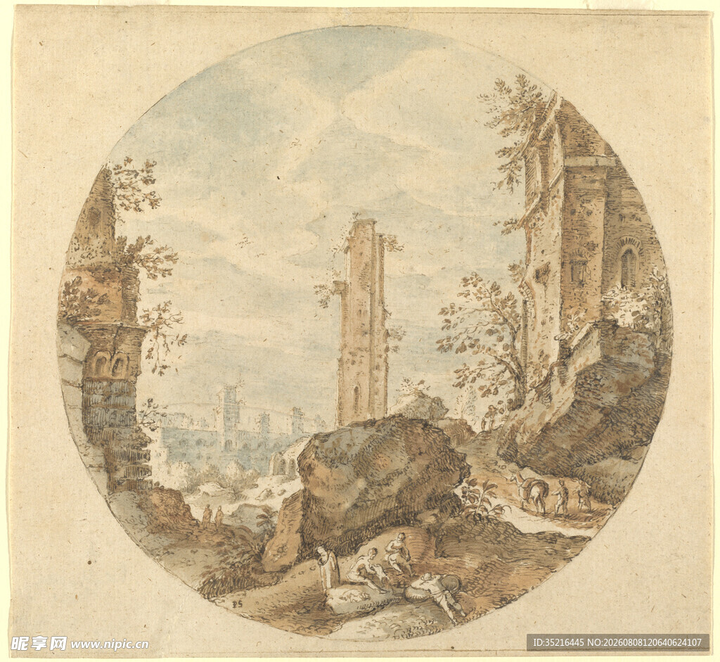 古典风景圆形绘画作品
