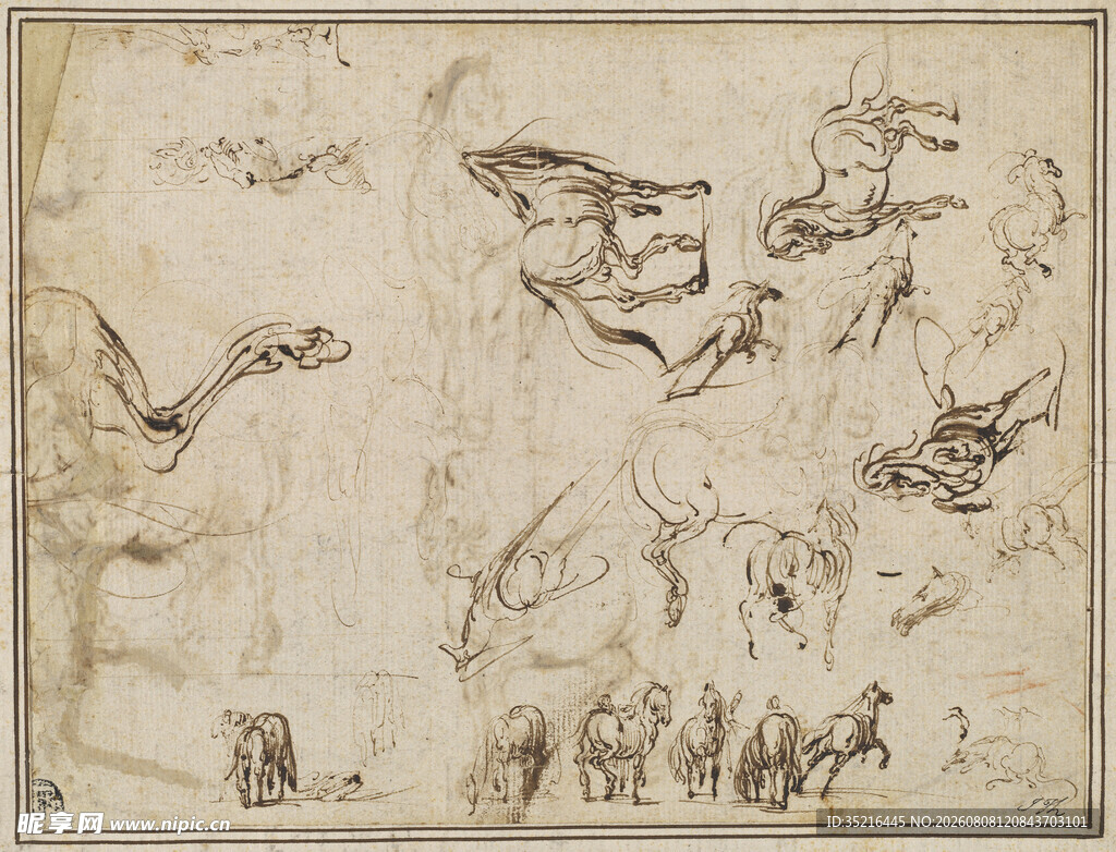 古代人物动物素描画作