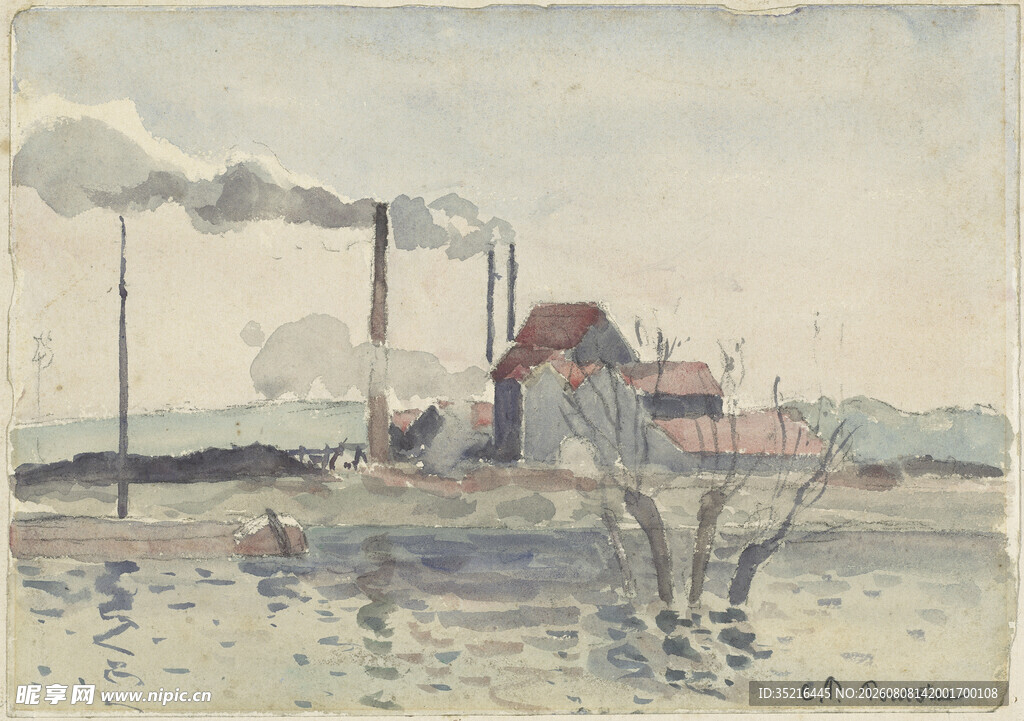 河畔蒸汽船风景画作