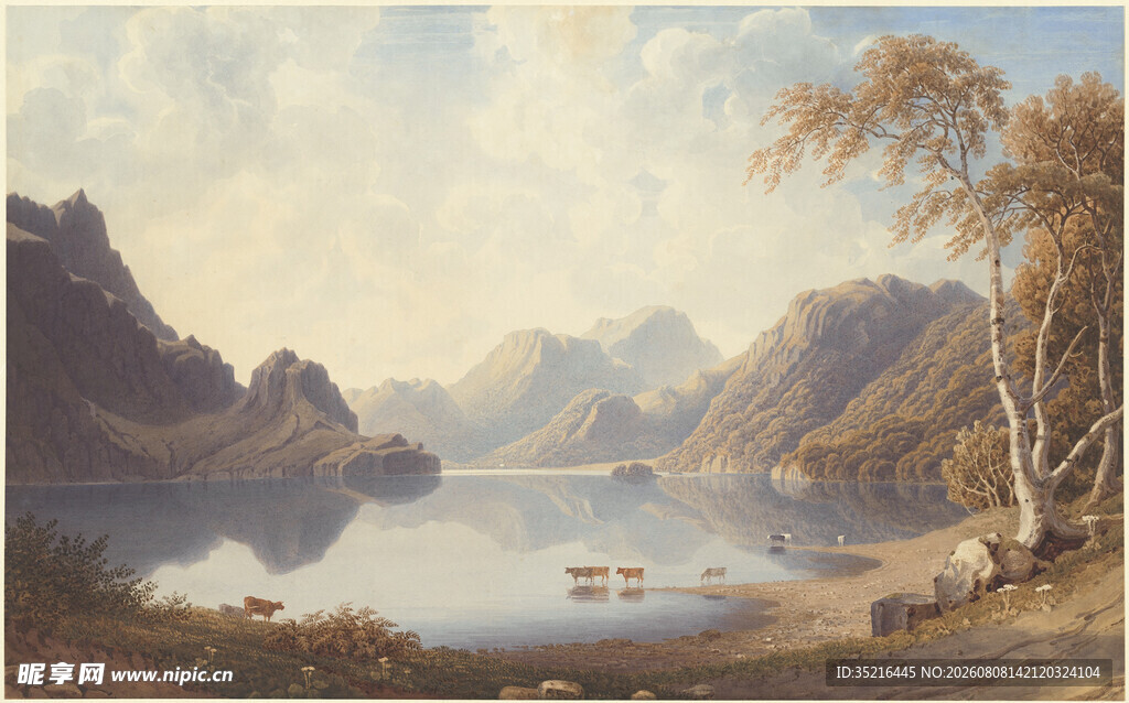 湖畔山林风景油画